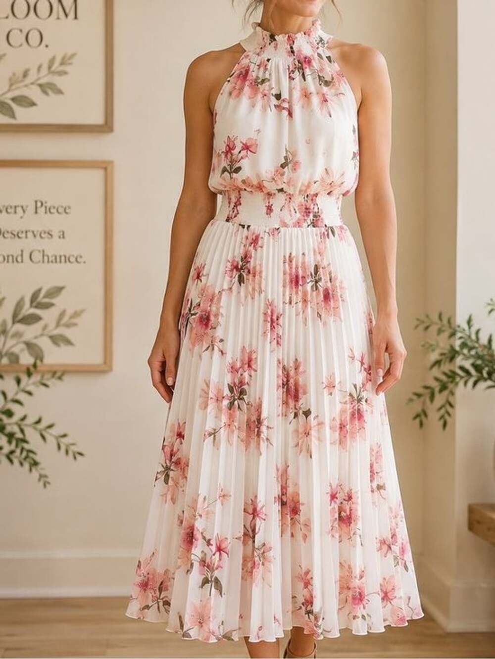 White House Black Market Size 6 Floral Halter Pleated Midi Dress